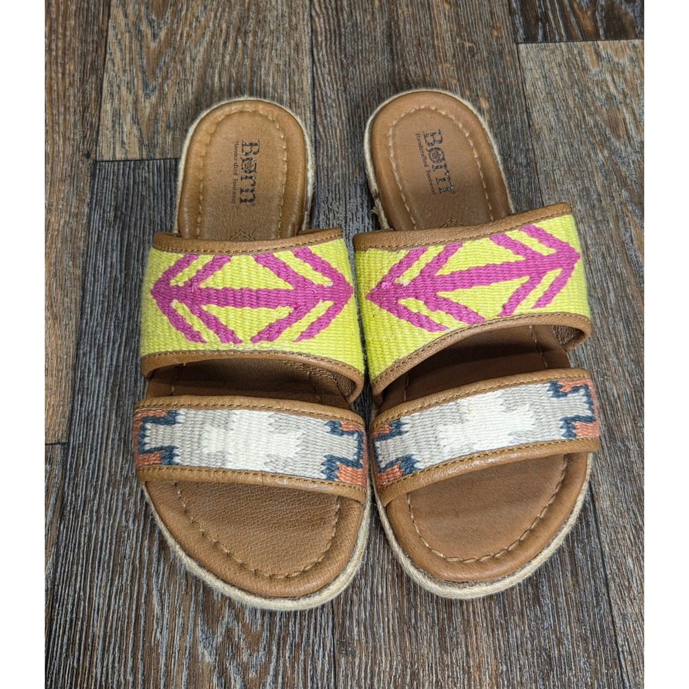 Born Womens Size 10 Boho Woven Fabric Leather Slide Sandals Neon Yellow Pink